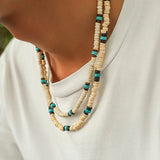 Collier avec des Perles de Bois Bleues et Blanches pour Hommes