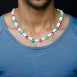 Collier avec des Perles Bleues et Blanches pour Hommes